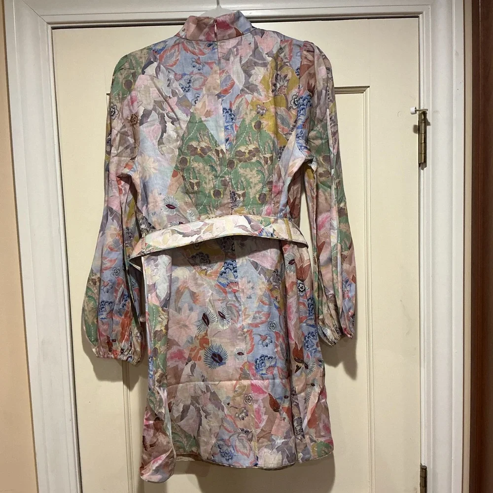 NWOT Zimmermann Belted Floral Print Linen Mini Dress Pastel Sz 3 - Picture 8 of 16